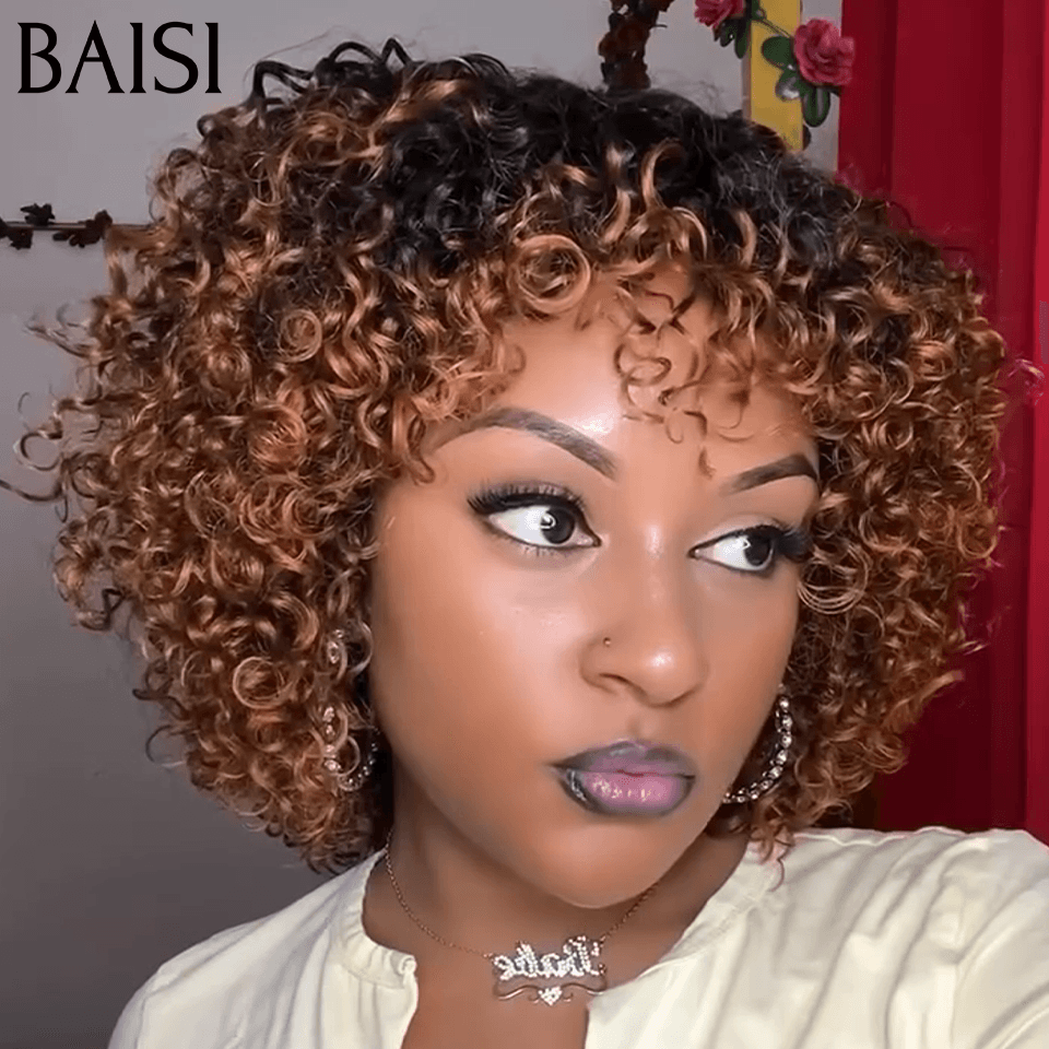 BAISI Afro Curly Wave Wave Perücke mit Pony 14 Zoll in brauner Farbe 4#+1 IRON aus 100 % echtem Echthaar, Code: BS120
