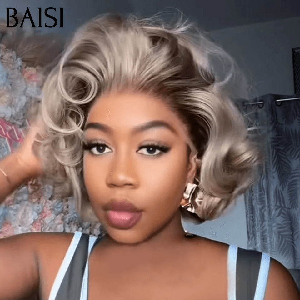 BAISI 5X lace  Perruque Pixie Bouclée Wave Couleurs personnalisées noir et gris 88€ Facile à porter sans Colle en 100% Cheveux Humains FR38