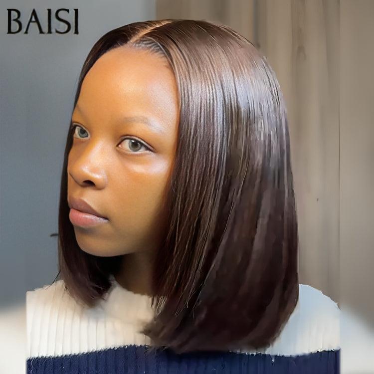BAISI 13X4 verworrene gerade Bob-Perücke in Schwarz, vorgezupft, kein Kleber erforderlich, aus 100 % Rohhaar, Spitze bereits geschnitten