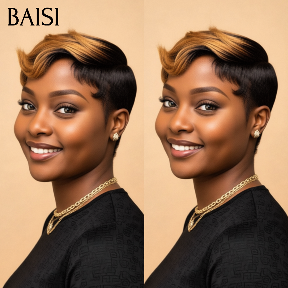 BAISI Achetez 2 perruques minimum au prix d'usine fournisseur sans Colle perruque pixie 39€ ou 5x5 closure perruque wave couleur speciale 33# 280g  (Pas Besoin de Code)