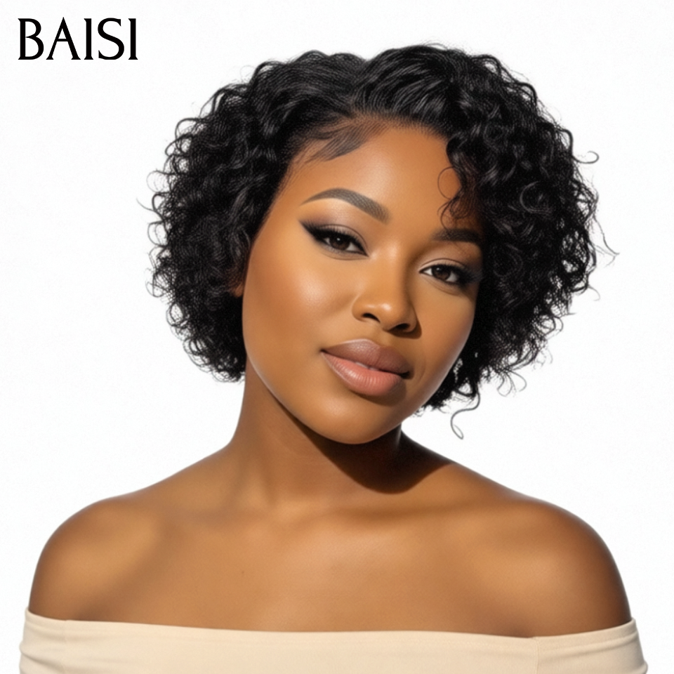 BAISI sans Colle curly wave en France ou 13x4 lace frontal Perruque Pixie Afro Curl Marron 69€ en 100% cheveux humains F-905 BS30