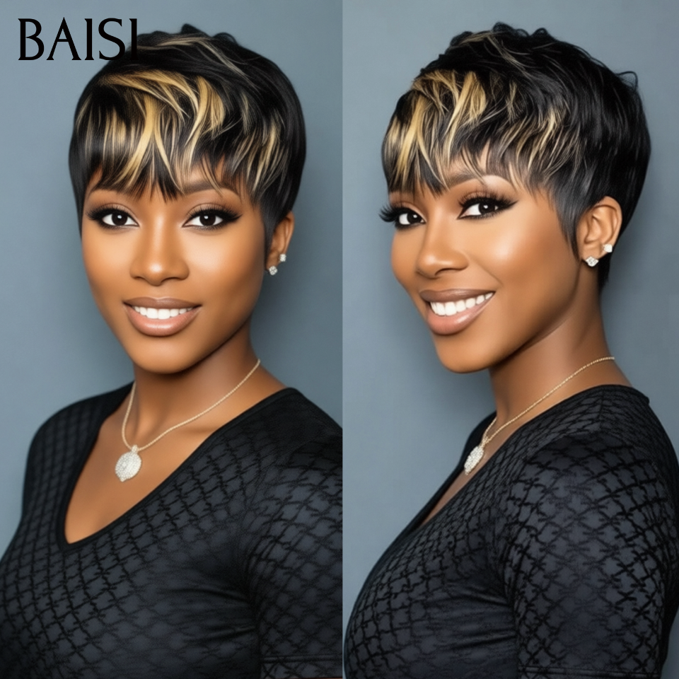 BAISI Perruque pixie Lisse Mixte Miel sans Colle Fabriqué à la Machine Moitié Prix 45€ Facile à porter en 100% Cheveux Humains