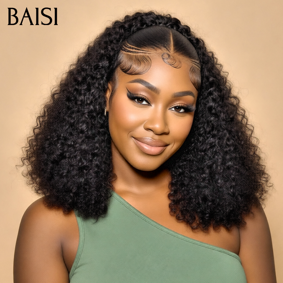 BAISI 13x4 Lace Perruque Curly Noir En Haut De Gamme 16 Pouces 200% densité avec coiffure tressée natte En 100% Raw Hair