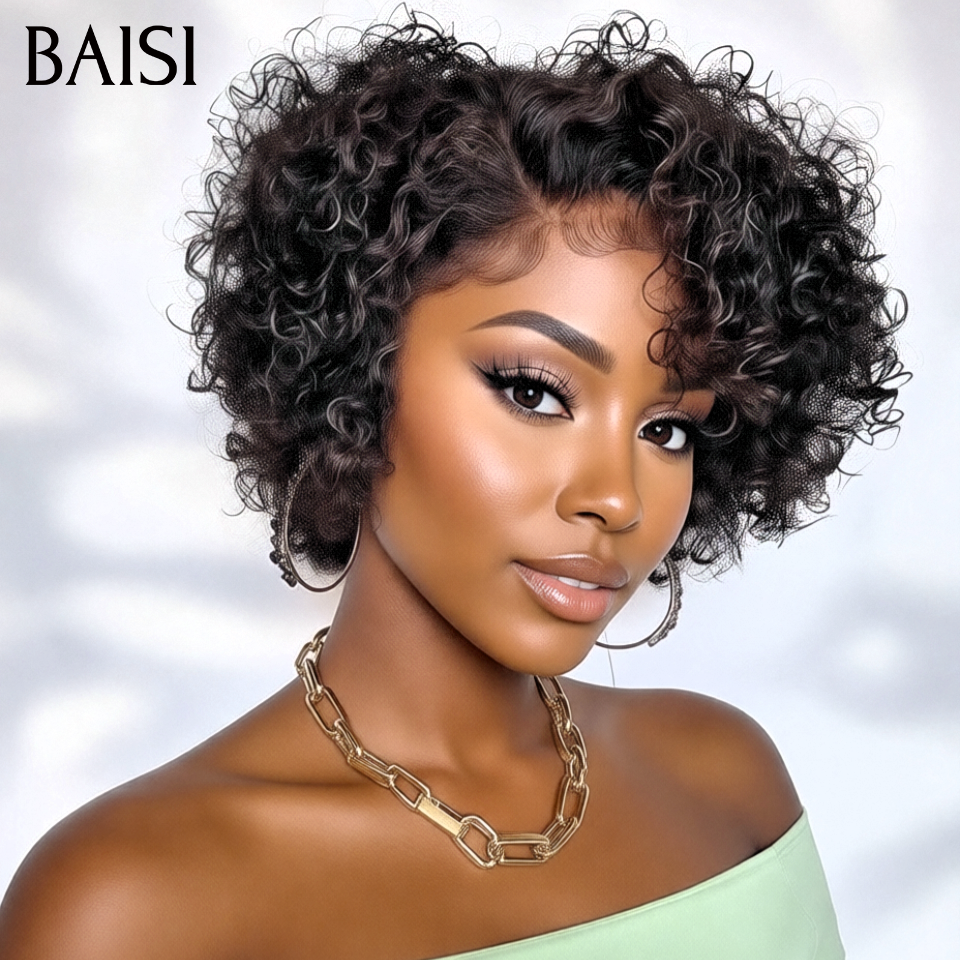 BAISI Perruque 13x4 lace frontal pixie curly ou 4X4 lace bob Curly 8 Pouces Raie sur le côté 1B# 86€ en 100% Cheveux Humains