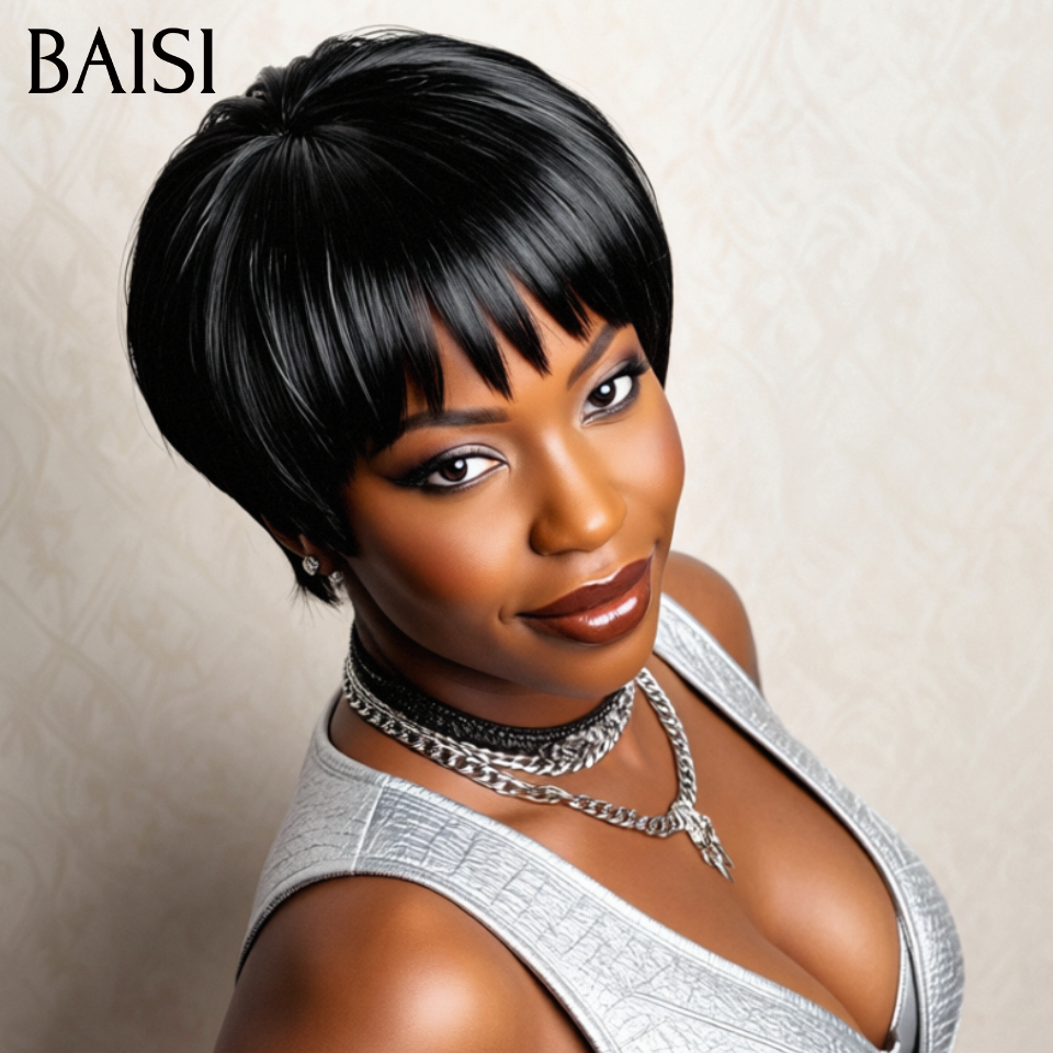 BAISI Perruque Pixie Lisse en noir 45€ et Correspondance spéciale des couleurs 1BT99J# 68€ en 100% Cheveux Humains