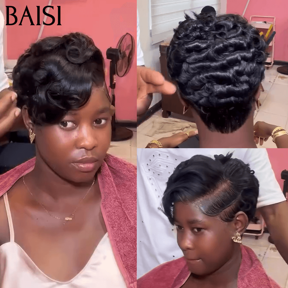 BAISI  13x4 Lace Frontale Perruque Pixie finger wave  89€ En 100% Cheveux Humains FR38
