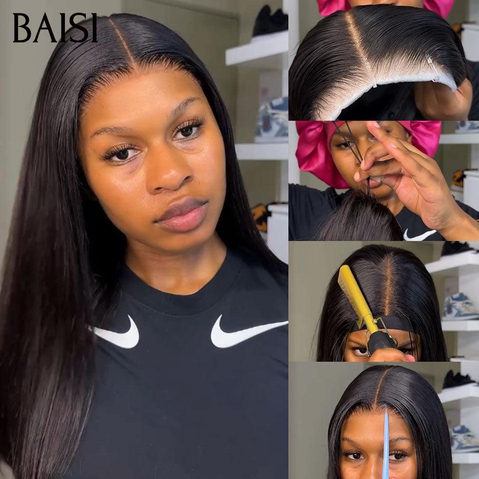 BAISI 13X4 Straight Wig Pre-plucked invisible lace frontal pre-plucked impeccable result 100% real human hair 4C