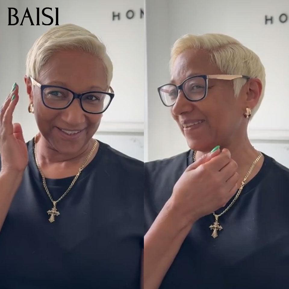 BAISI  Perruque Pixie bouclé  petite coupe Noir 6 pouces 59€ ou 13X4 pixie Lisse 1B#Mix30# 78€ ou blonde 613# 89€ En 100% Cheveux Humains