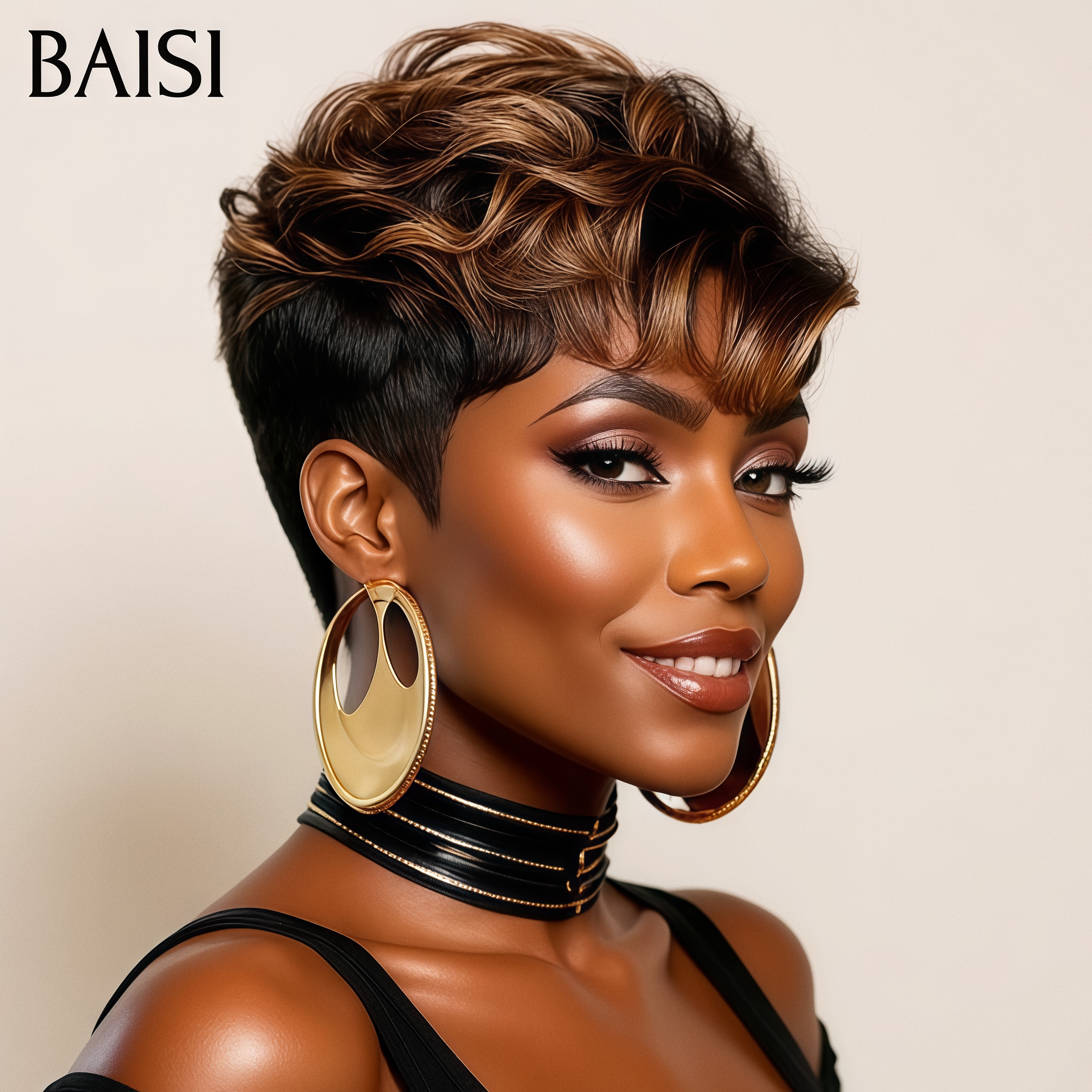 BAISI Achetez 2 perruques minimum au prix d'usine fournisseur bixie sans colle Perruque Bouclée pixie mixte miel En 100% Cheveux Humains (Pas Besoins De Code)
