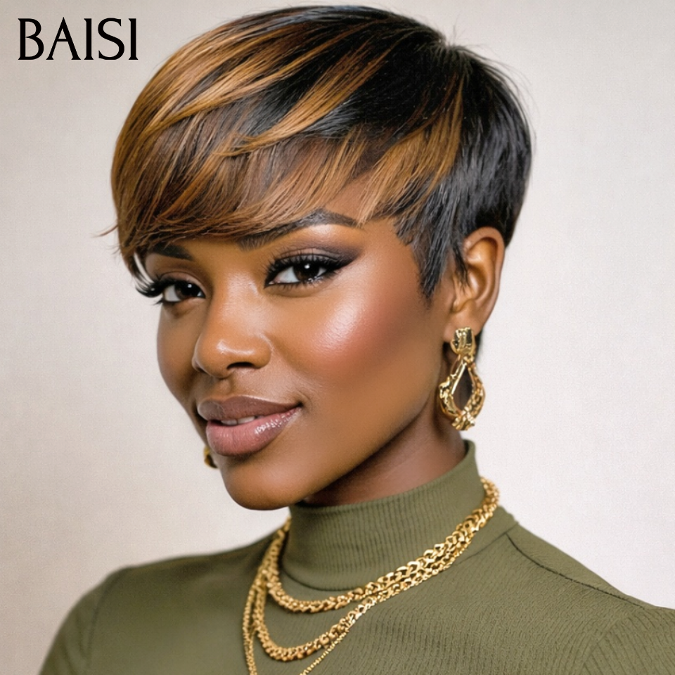 sans colle Coupe Courte 45€ ou 13X4 lace frontal Perruque Pixie Bouclée Couleurs personnalisées 4/30# 69€ en 100% Cheveux Humains
