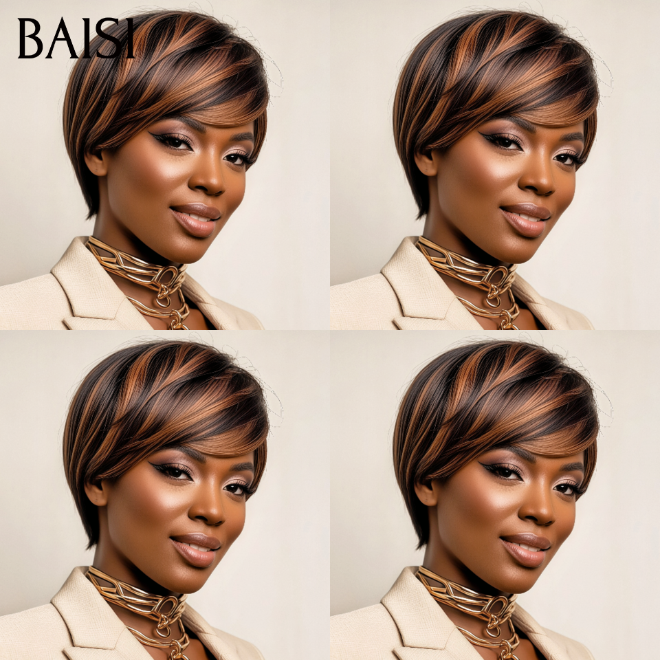 BAISI Achetez 2 perruques minimum au prix d'usine fournisseur Coupe Courte Prix D'usine 39€ Lisse En NOIR Mixte brun Pré-plucked Pas Besoin de Colle en 100% Raw Hair Lace déjà couper