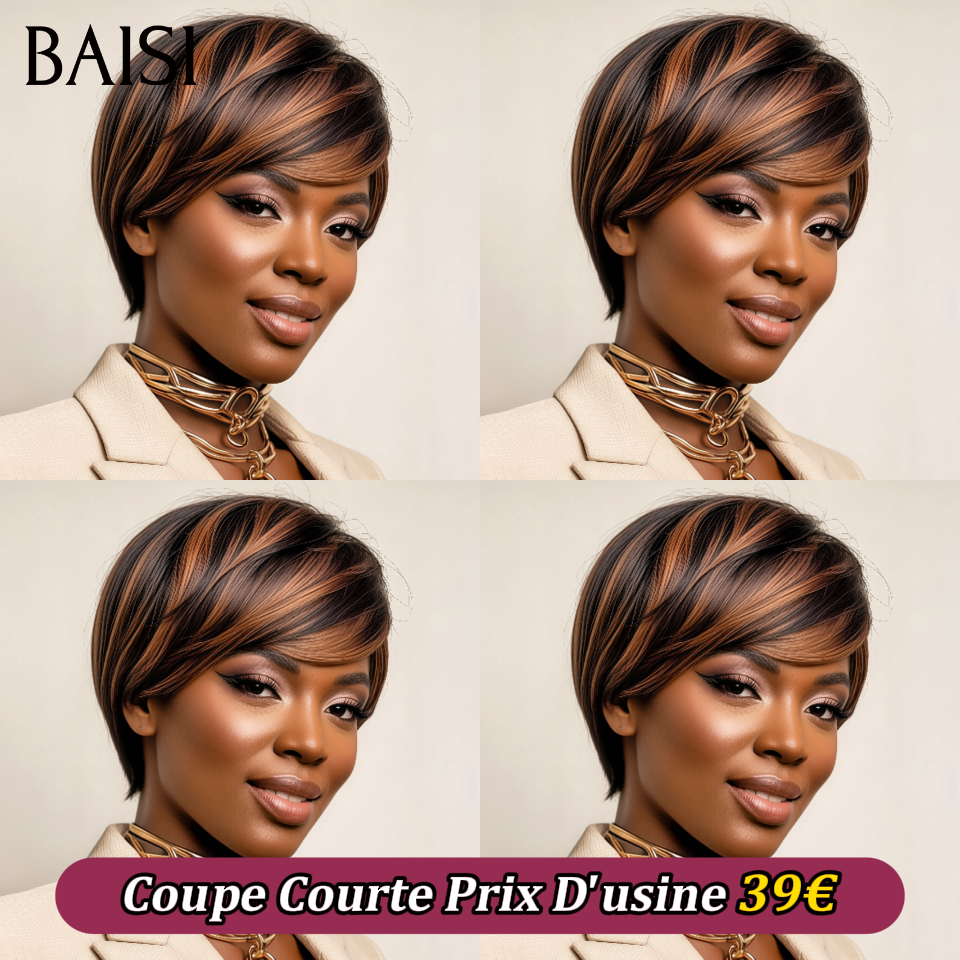 BAISI Achetez 2 perruques minimum au prix d'usine fournisseur Coupe Courte Prix D'usine 39€ Lisse En NOIR Mixte brun Pré-plucked Pas Besoin de Colle en 100% Raw Hair Lace déjà couper
