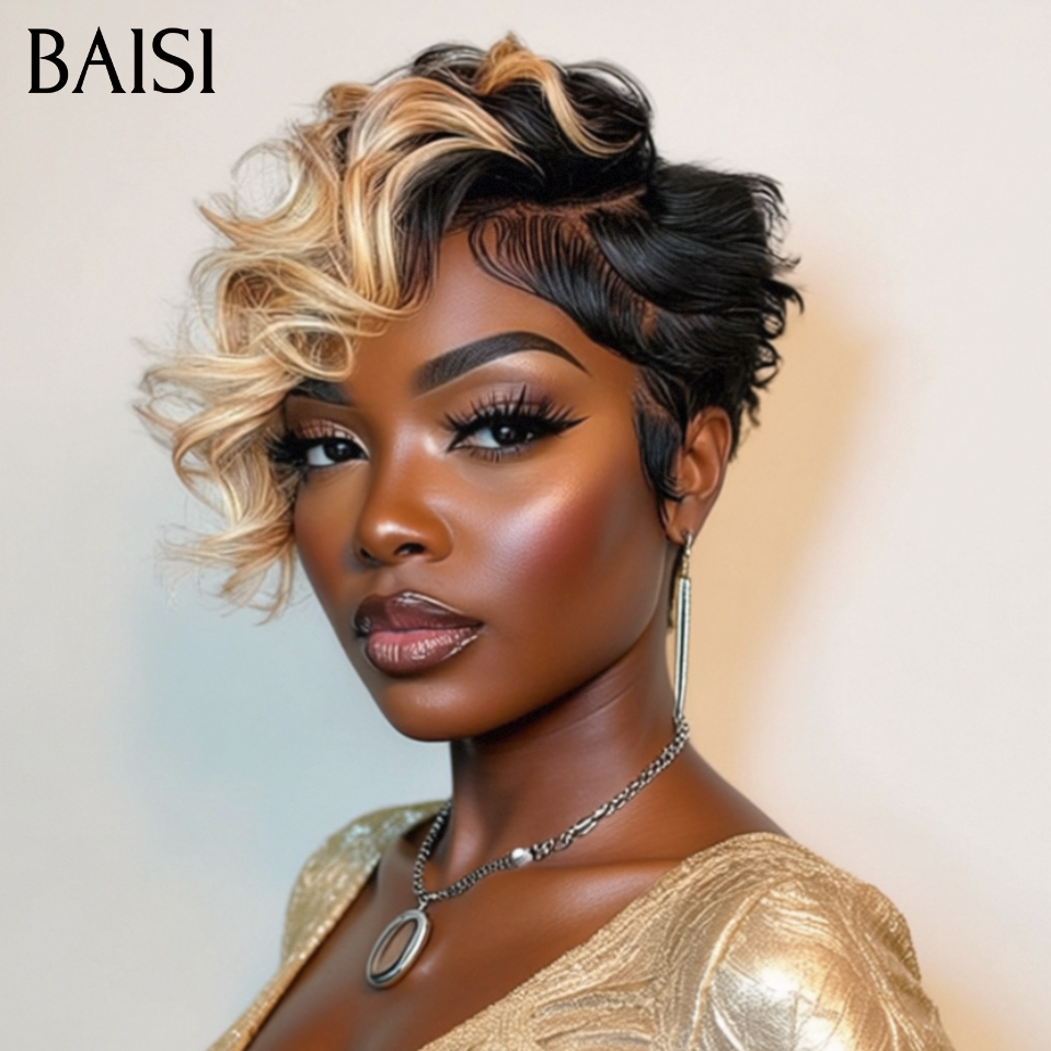 BAISI  13X4 lace Perruque Pixie vague Coiffure 2 couleur Mixte ou blonde 613# 6 Pouces Naturelle wave en 100% Cheveux Humains