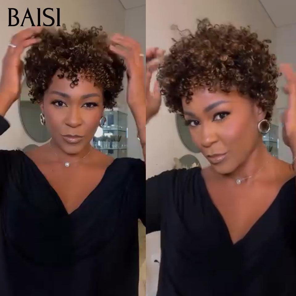 BAISI Perruque Pixie Afro curly en couleur noir mix miel 68€ sans colle sans lace  100% Cheveux Humains Fabriqué à la Machine BS60