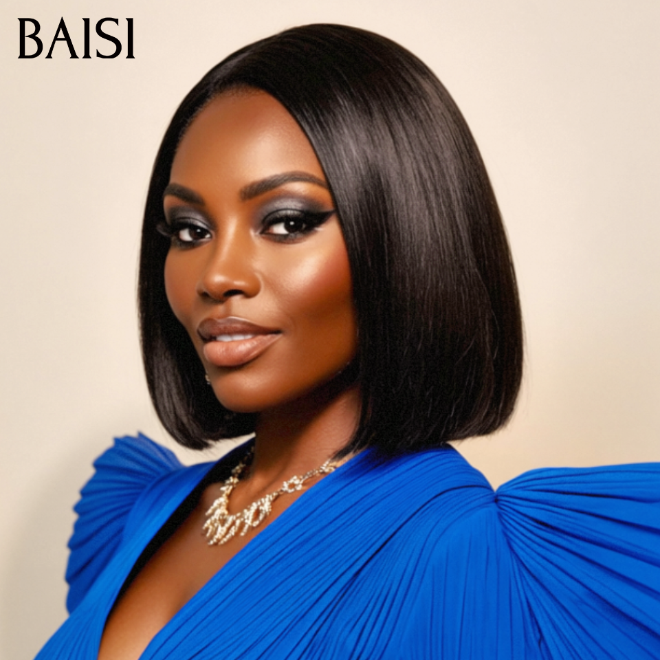 BAISI Perruques de Luxe 2X6 Lace Perruque BOB Noir Lisse 8 Pouce  85€ en 100% Cheveux Humains Vietnam Hair 300% densité