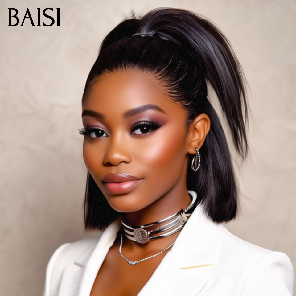 13x4 lace frontal Lisse BOB Coiffure déjà faites avec Queue de Cheval En Couleur NOIR 88€ en 100% Cheveux Humains