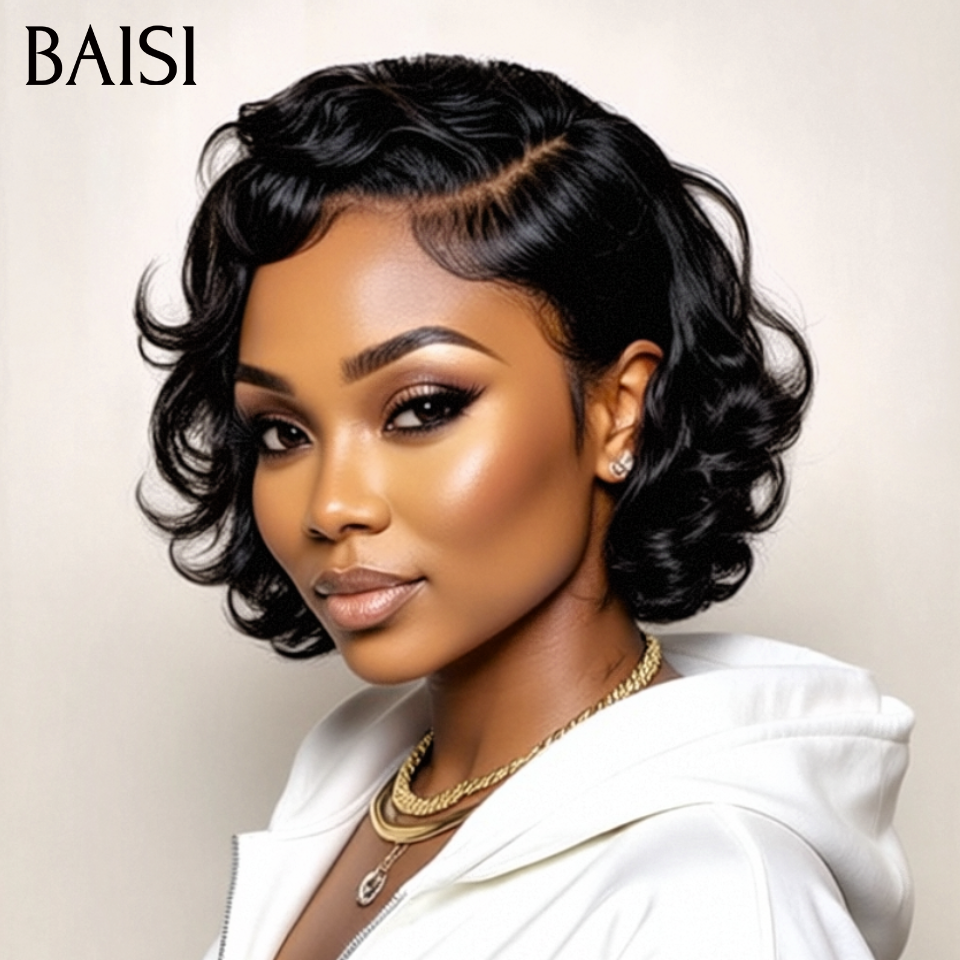 BAISI PROMOTION Année 2026 Moitié Prix 75€ Perruque 5X5 lace bob egg wave 10 pouce NOIR en 100% Cheveux Humains MP50
