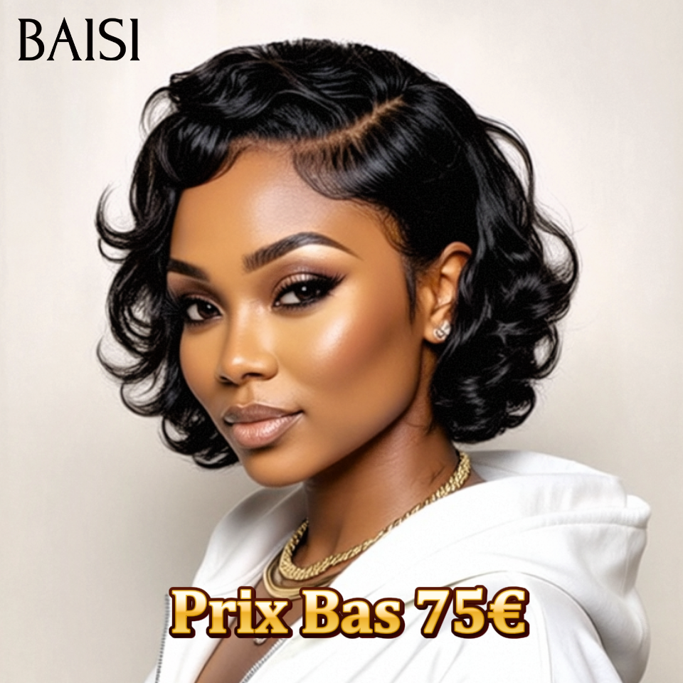 BAISI PROMOTION Année 2026 Moitié Prix 75€ Perruque 5X5 lace bob egg wave 10 pouce NOIR en 100% Cheveux Humains MP50