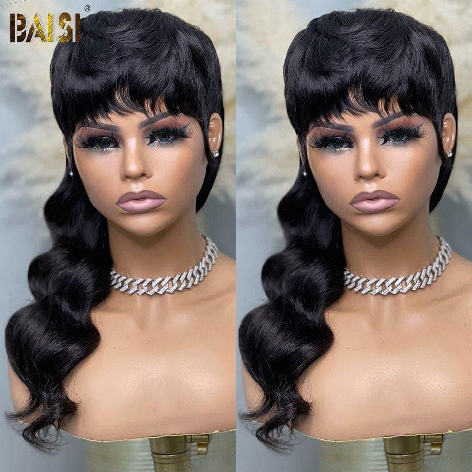 BAISI Top Modèle Perruque MULLET Style en Noir en 100% Cheveux Humains Fabriquées par les cheveux double drawn mèches vièges de haut en bas même taille même volume plus de 20 ans d' utilisations