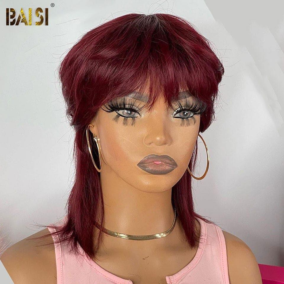 BAISI Perruque MULLET Style Courte en Bordeaux Sans Colle Facile à Porter en 100% Cheveux Humains