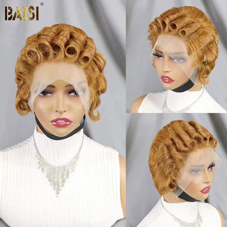 BAISI Offre aujourd'hui 59€ Pixie Marron 13X4 lace Perruque Pixie vague En 4 Couleur Miel ou NOIR ou orange ou Bordeaux en 100% Cheveux Humains