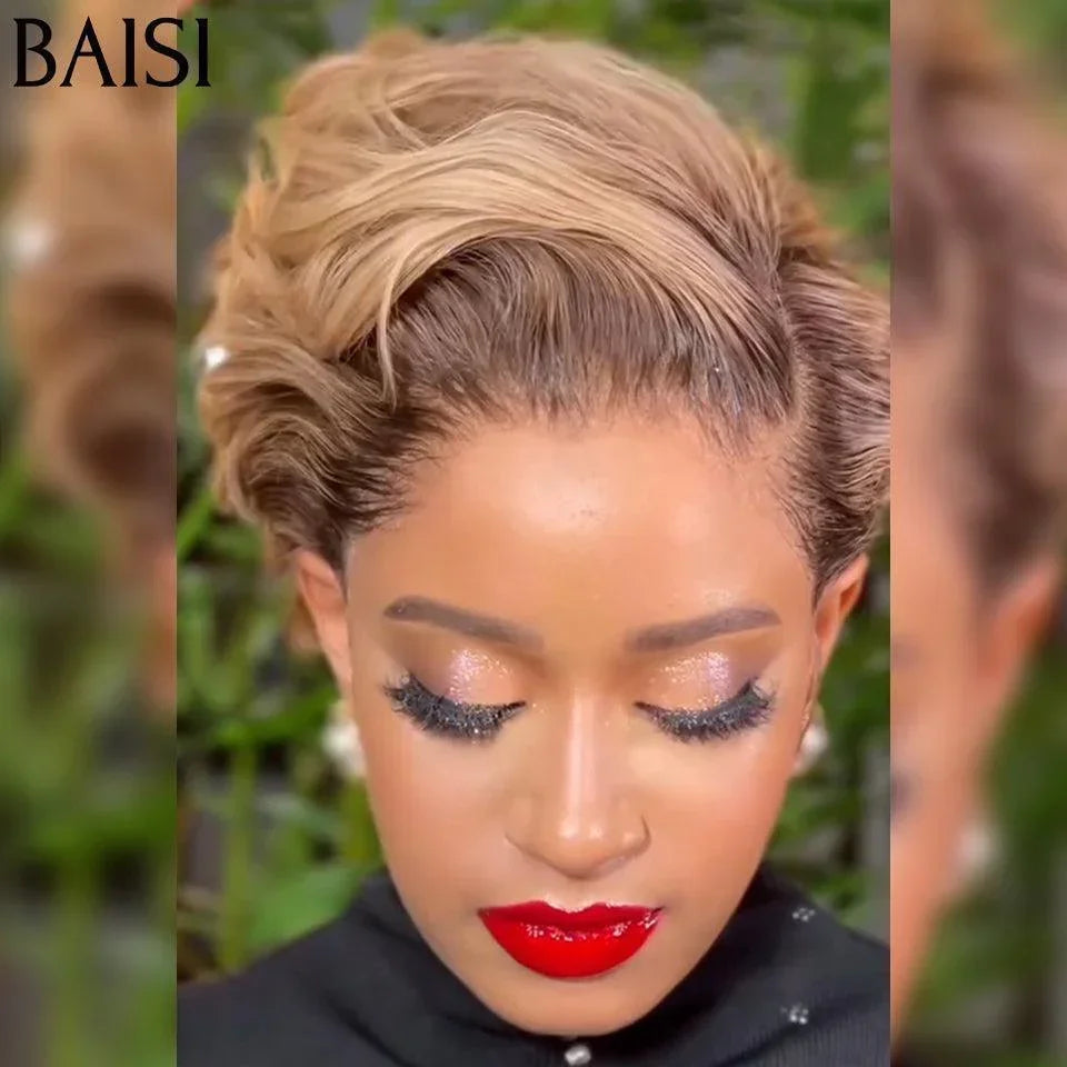 BAISI Grand Promo 78€ Perruque lace frontale pixie Lisse 4/30# en 100% Vrais Cheveux Humains En Couleur +coiffure FR38