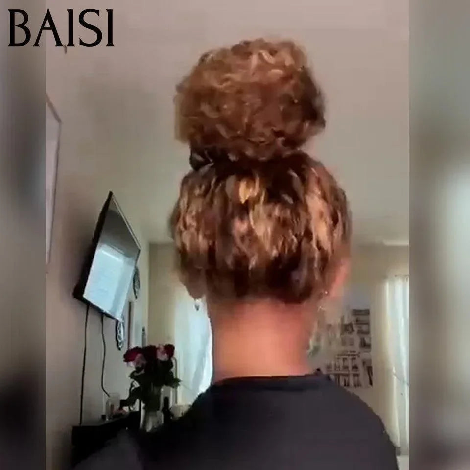 Peluca rizada rizada 360 con correa invisible mejorada de BAISI en color miel piano P4-27 invisible y ajustable Pre-desplumada No necesita pegamento 250% de densidad en 100% cabello crudo Cordón ya cortado