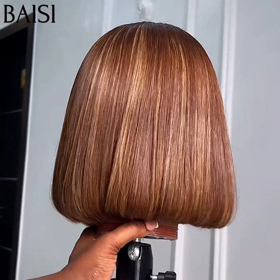 BAISI 15A Glueless Lace Front Straight Bob With Bangs Luxury Wigs 100% Vietnam Hair SDD BONE STRAIGHT Color T#4 mixed #27 300% A1 density Made by double drawn hair