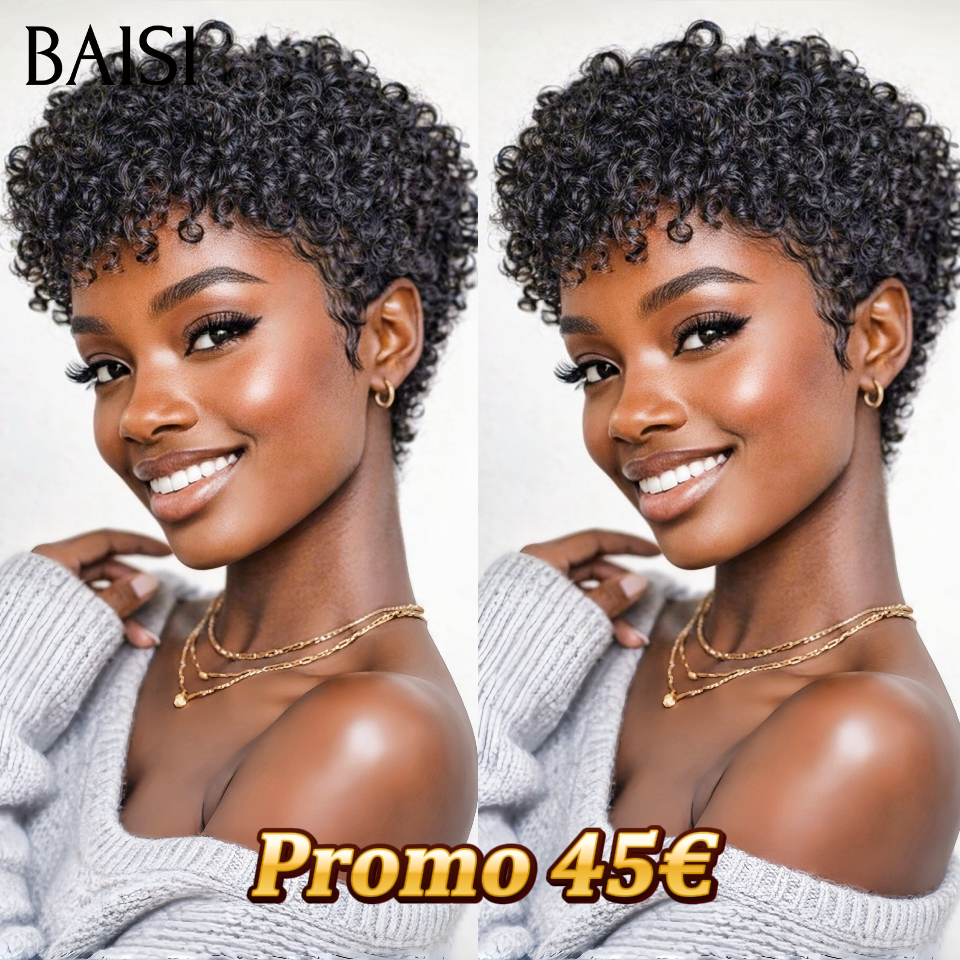 BAISI Promo 45€ Peruca Pixie sem Cola Curly Wave Cor Preto em 100% Cabelo Humano