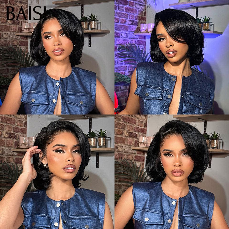BAISI 13X4 Perruque Bob Lisse noir Pré-plucked Pas Besoin de Colle en 100% Raw Hair Lace déjà couper