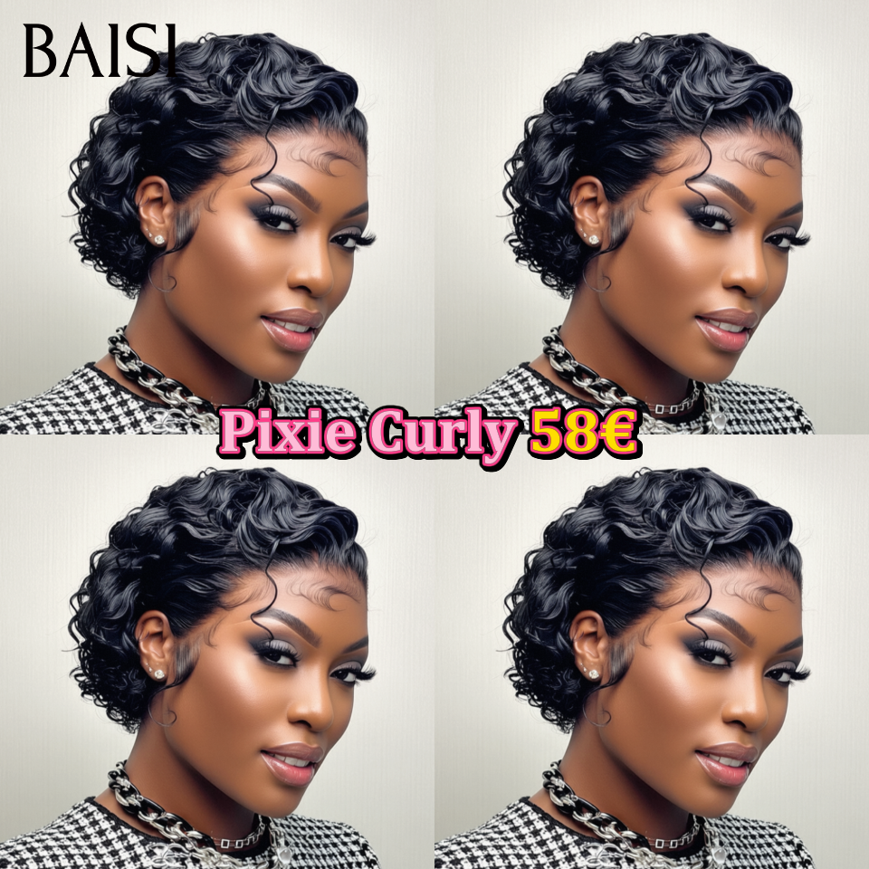 BAISI Perruque 13x4 lace frontal Pixie curly Wave 58€ en Couleur noir En 100% Cheveux Humains