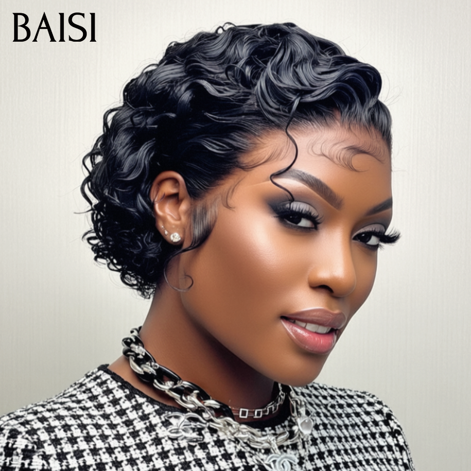 BAISI Perruque 13x4 lace frontal Pixie curly Wave 58€ en Couleur noir En 100% Cheveux Humains