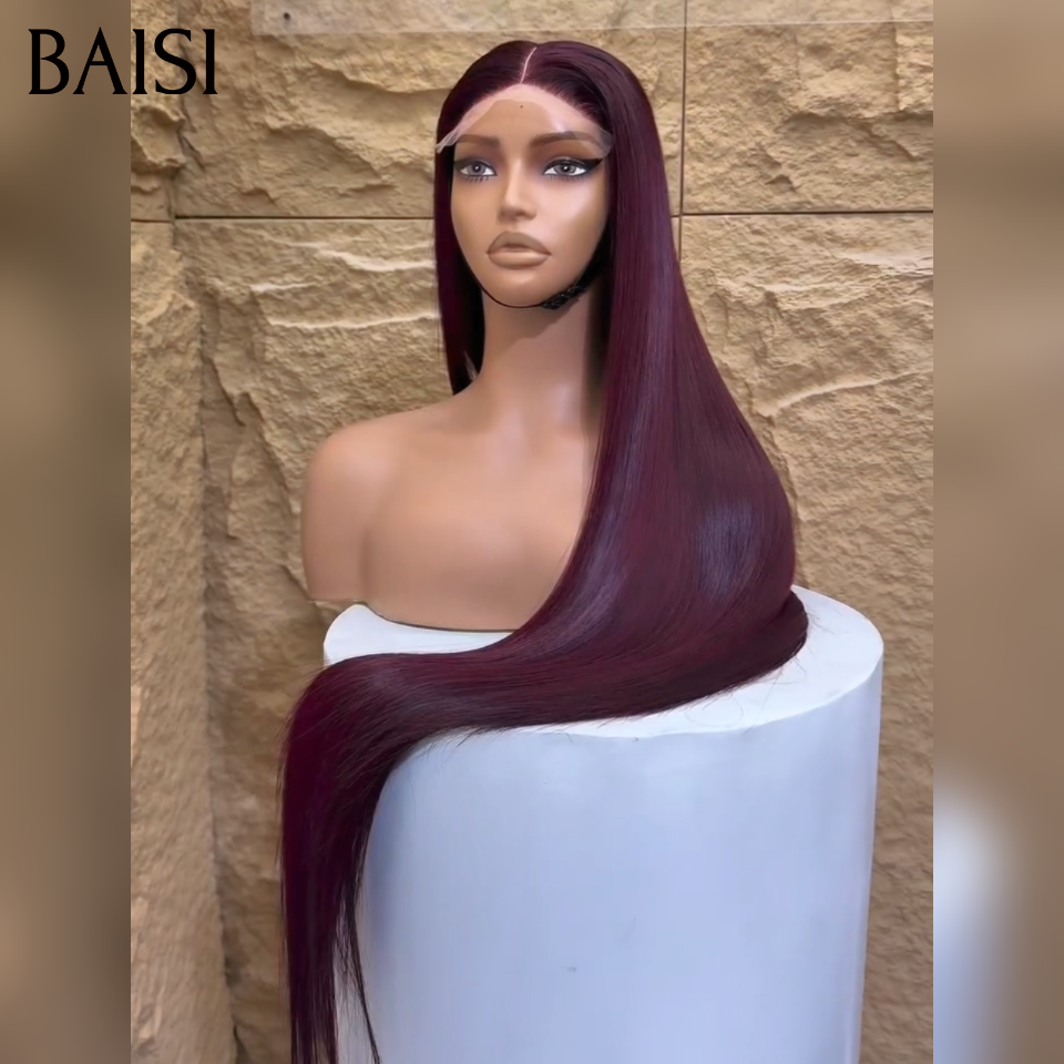 BAISI lace frontal Perruque Couleur 99J# Bordeaux Lisse De Haute Qualité, Livraison Gratuite en 100% Cheveux Humains