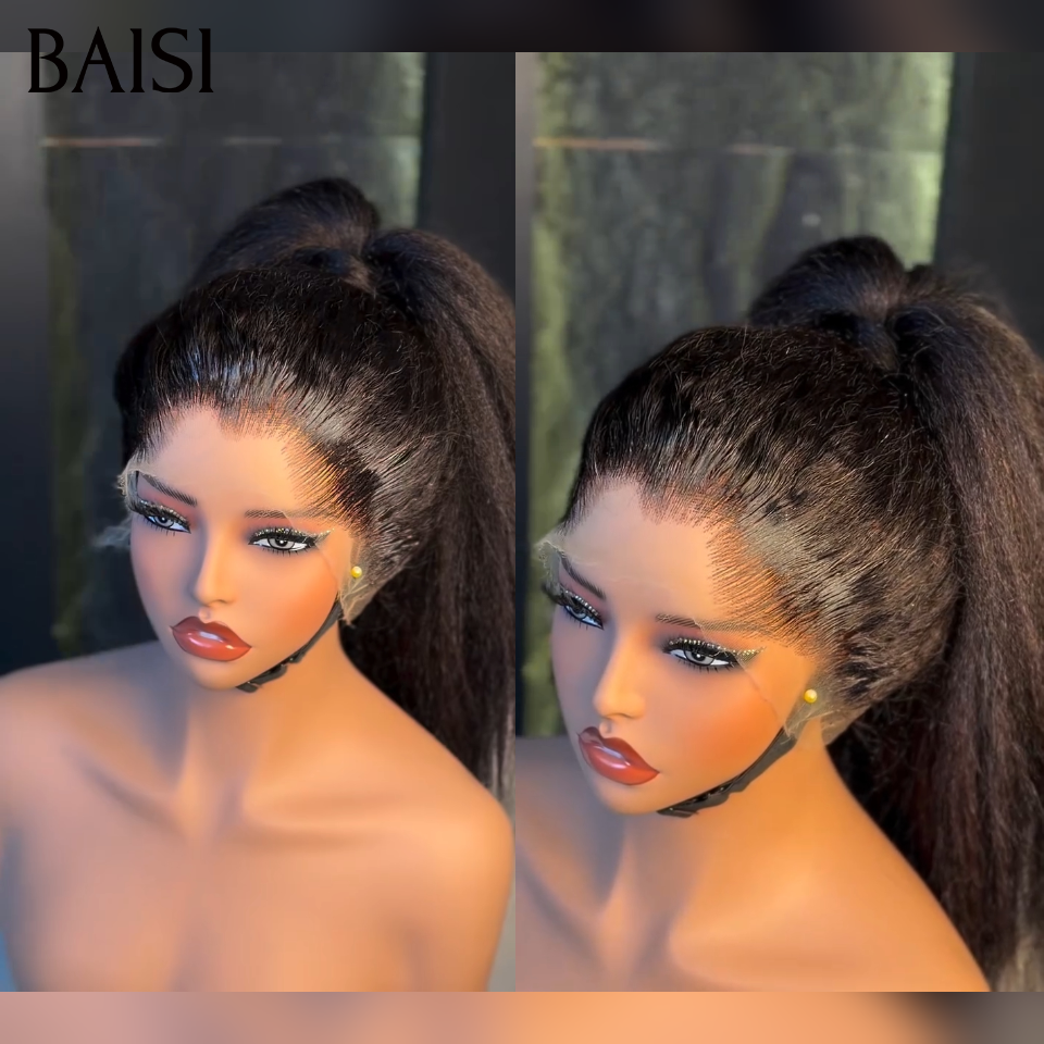 BAISI Peruca Natural com Lace Frontal Kinky Straight Yaki Straight em 100% Cabelo Humano de Boa Qualidade B
