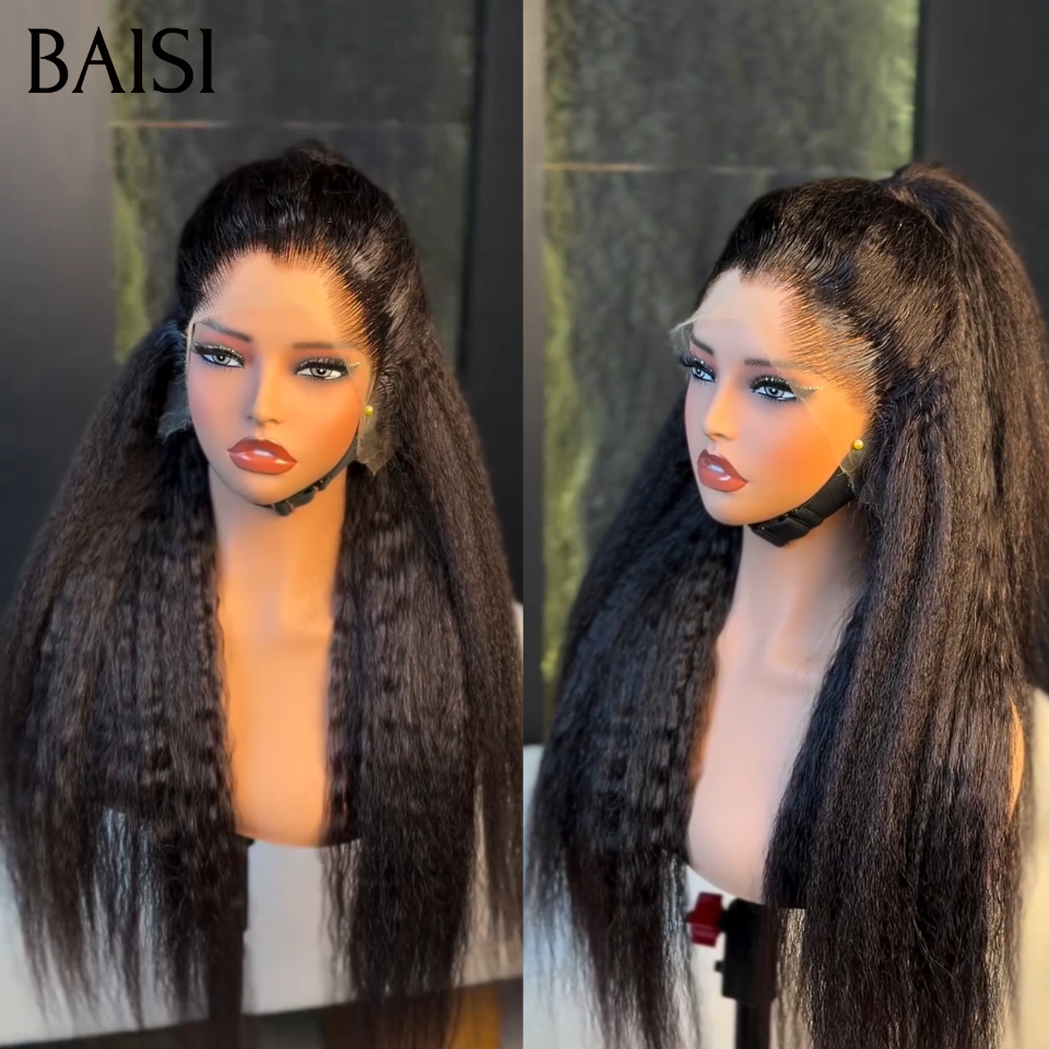 BAISI Peruca Natural com Lace Frontal Kinky Straight Yaki Straight em 100% Cabelo Humano de Boa Qualidade B