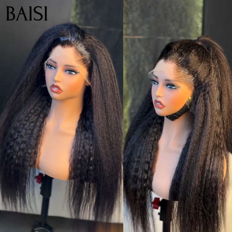 BAISI Peruca Natural com Lace Frontal Kinky Straight Yaki Straight em 100% Cabelo Humano de Boa Qualidade B