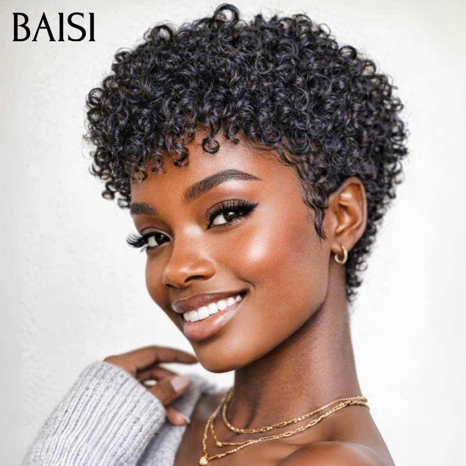 BAISI Promo 45€ Peruca Pixie sem Cola Curly Wave Cor Preto em 100% Cabelo Humano