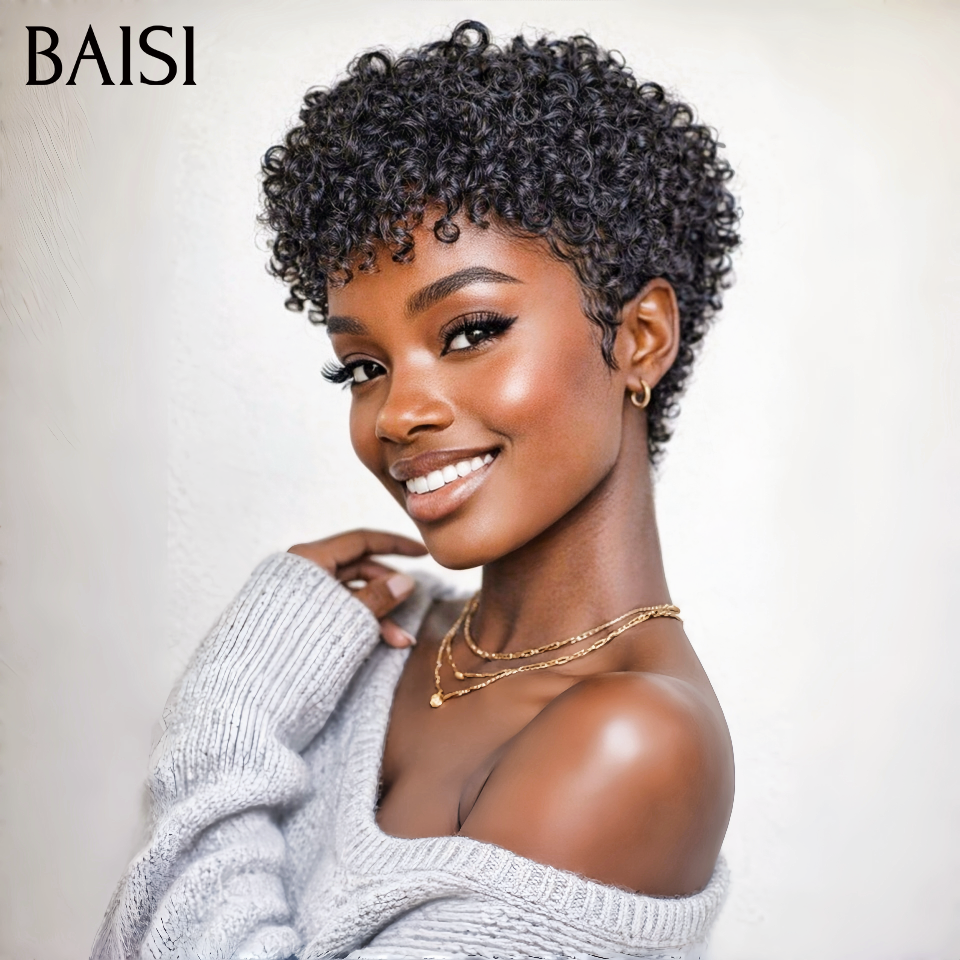 BAISI Promo 45€ Peruca Pixie sem Cola Curly Wave Cor Preto em 100% Cabelo Humano