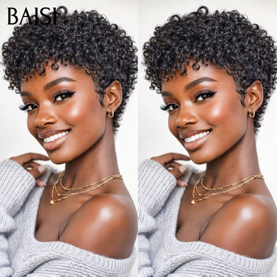 BAISI Promo 45€ Peruca Pixie sem Cola Curly Wave Cor Preto em 100% Cabelo Humano