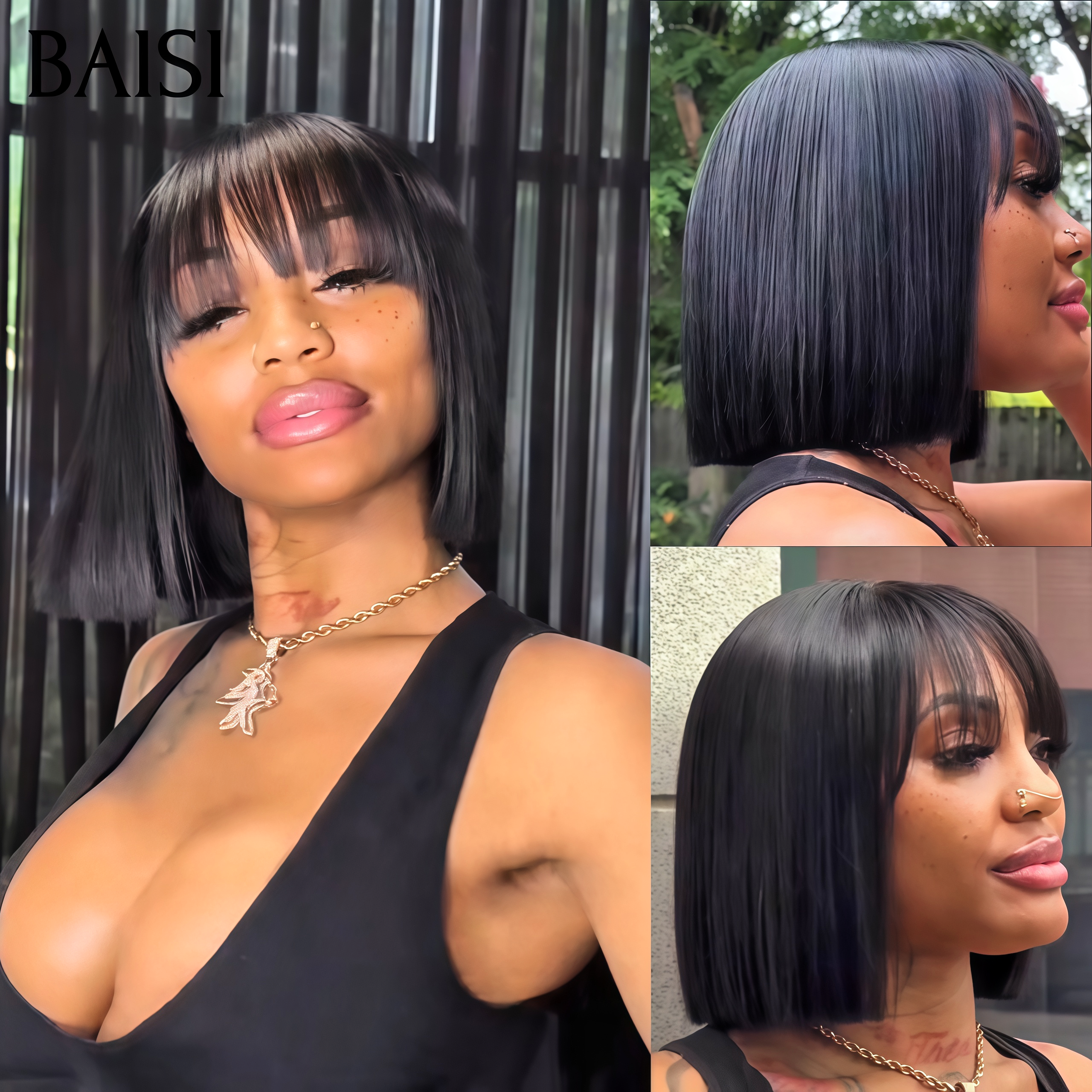 BAISI 15A SDD BONE STRAIGHT Vietnamese Hair bob Perruques 8 Pouces 75€ de Luxe Lisse bob sans lace avec frange A1 Fabriquées par les cheveux double drawn