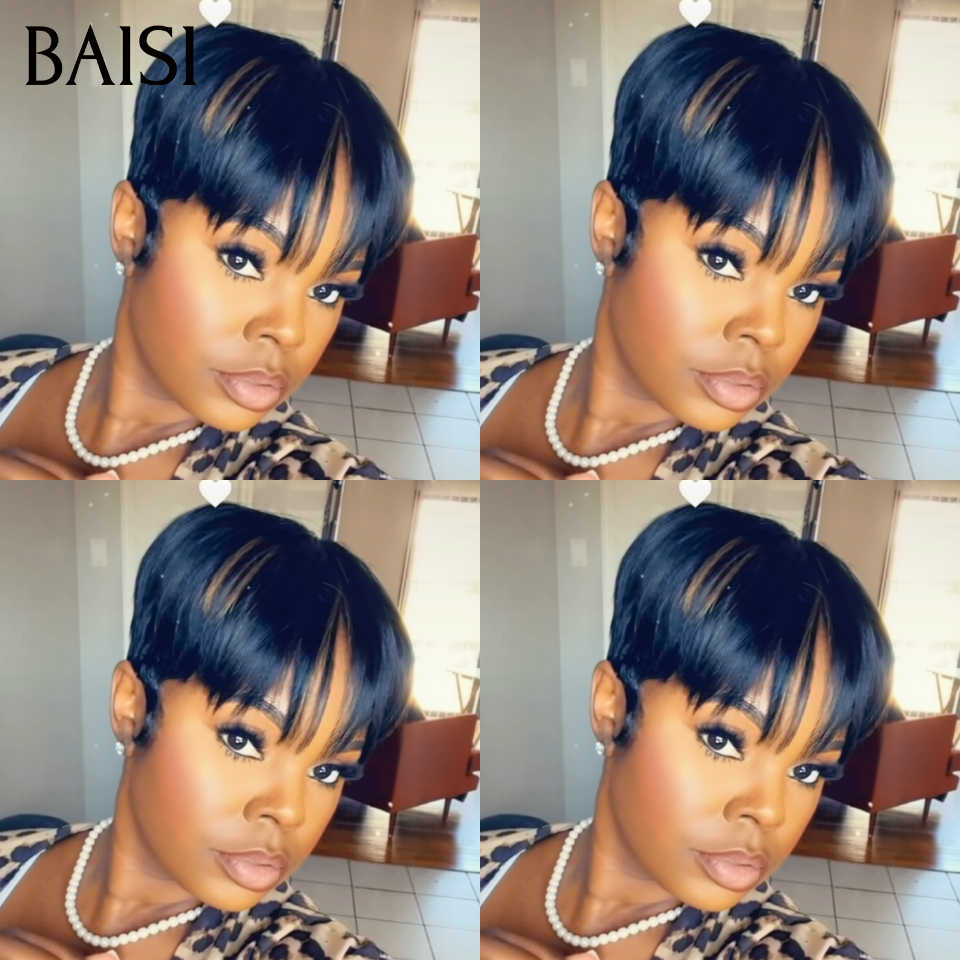 BAISI Pixie Lisse 39€ Mixte Miel ou sans lace Perruque Pixie water Wave petite coupe fabriqué à la machine Moitié Prix En 100% Cheveux Humains
