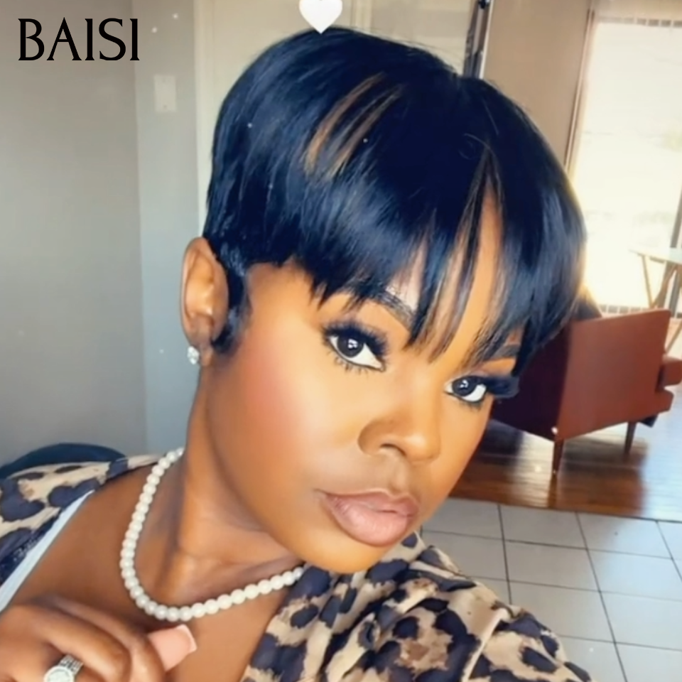 BAISI Pixie Lisse 39€ Mixte Miel ou sans lace Perruque Pixie water Wave petite coupe fabriqué à la machine Moitié Prix En 100% Cheveux Humains