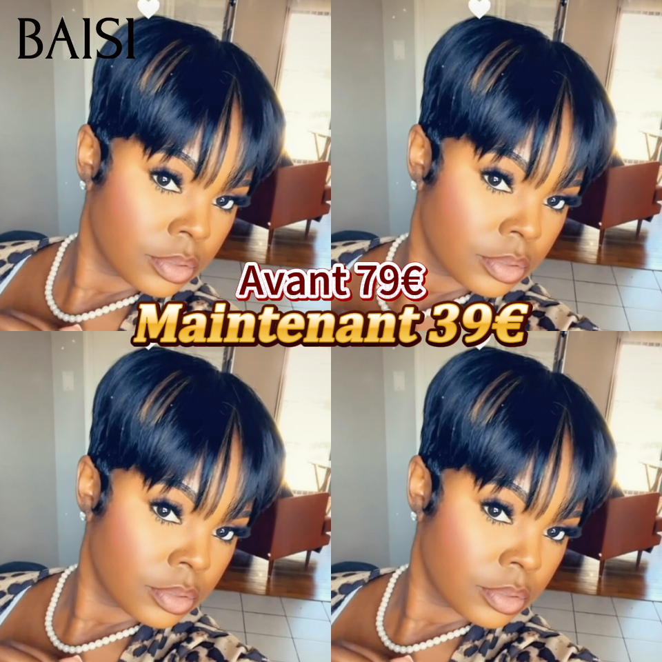 BAISI Pixie Lisse 39€ Mixte Miel ou sans lace Perruque Pixie water Wave petite coupe fabriqué à la machine Moitié Prix En 100% Cheveux Humains