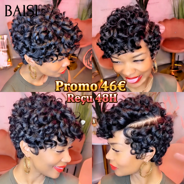 BAISI Prix perruque chioma ou 50€ Perruque Pixie Afro curly bouclé Noir sans lace sans colle ou 4X4 lace Lisse 14 Pouces en 100% cheveux humains MP50