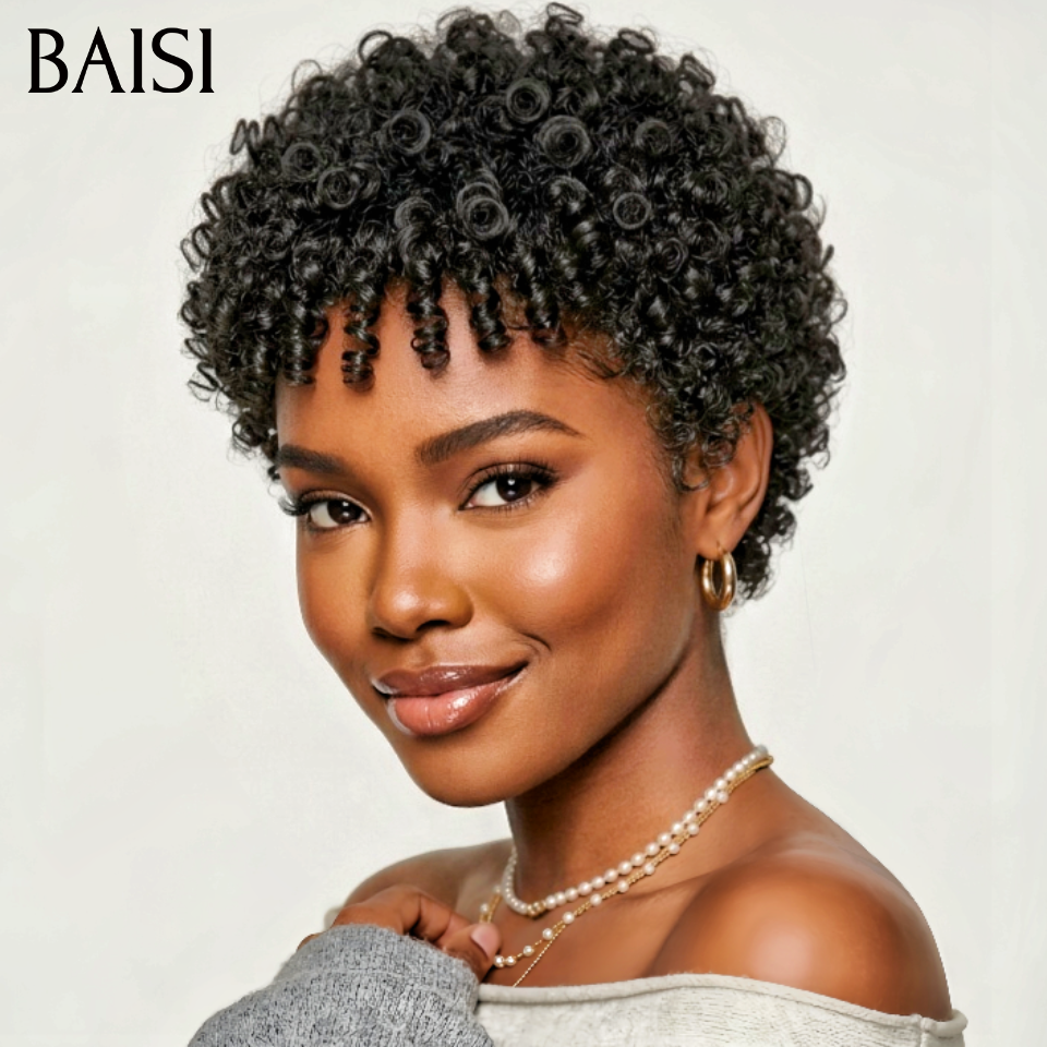 Perruque pixie Facile à porter curly wave en NOIR Moitié Prix 58€ en 100% Cheveux Humains