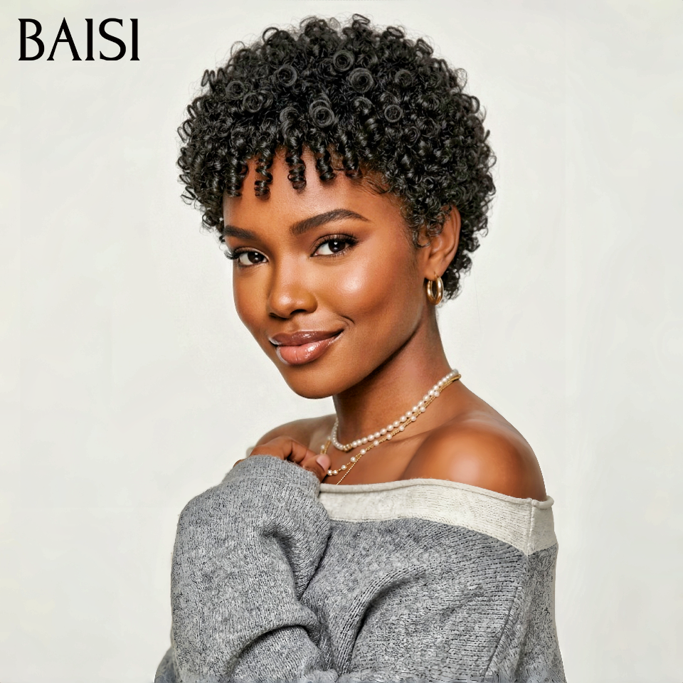 Perruque pixie Facile à porter curly wave en NOIR Moitié Prix 58€ en 100% Cheveux Humains