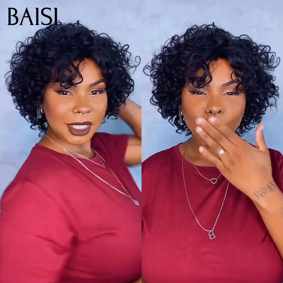 BAISI Perruque Pixie curly en couleur noir 69€ sans colle sans lace  100% Cheveux Humains Fabriqué à la Machine BS60