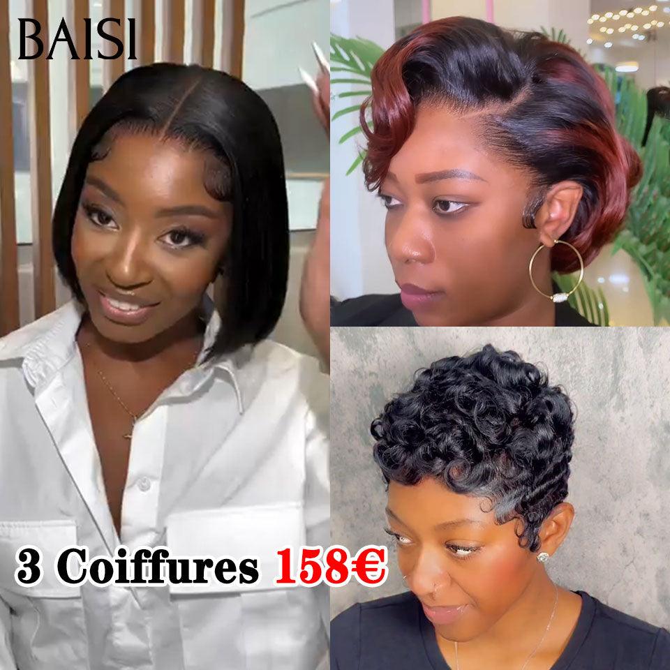 BAISI 3 Coiffures 158€ 2X6 lace 8 Pouces et 13x4 pixie 1BT4/350# et sans colle finger wave ou 4 Perruques en France pour revendre 440€ VIP400 en 100% vrais cheveux humains Réduction avec code promo