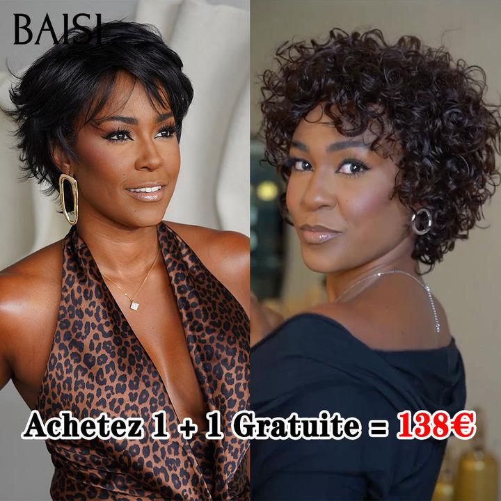 BAISI Achetez 1 + 1 Gratuite = 138€ 2 pixie NOIR ou Perruques petite coupe fabriqué à la machine 59€ moitié prix -9188 En 100% Cheveux Humains MP50