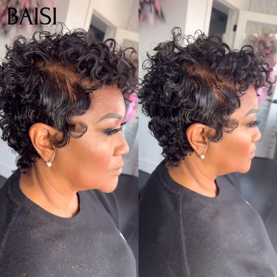 BAISI Perruque Full Lace 100% Cheveux Naturels Full Lace Perruque 119€ Pixie  Finger Wave petite coupe en Couleur Noir en 100% cheveux humains